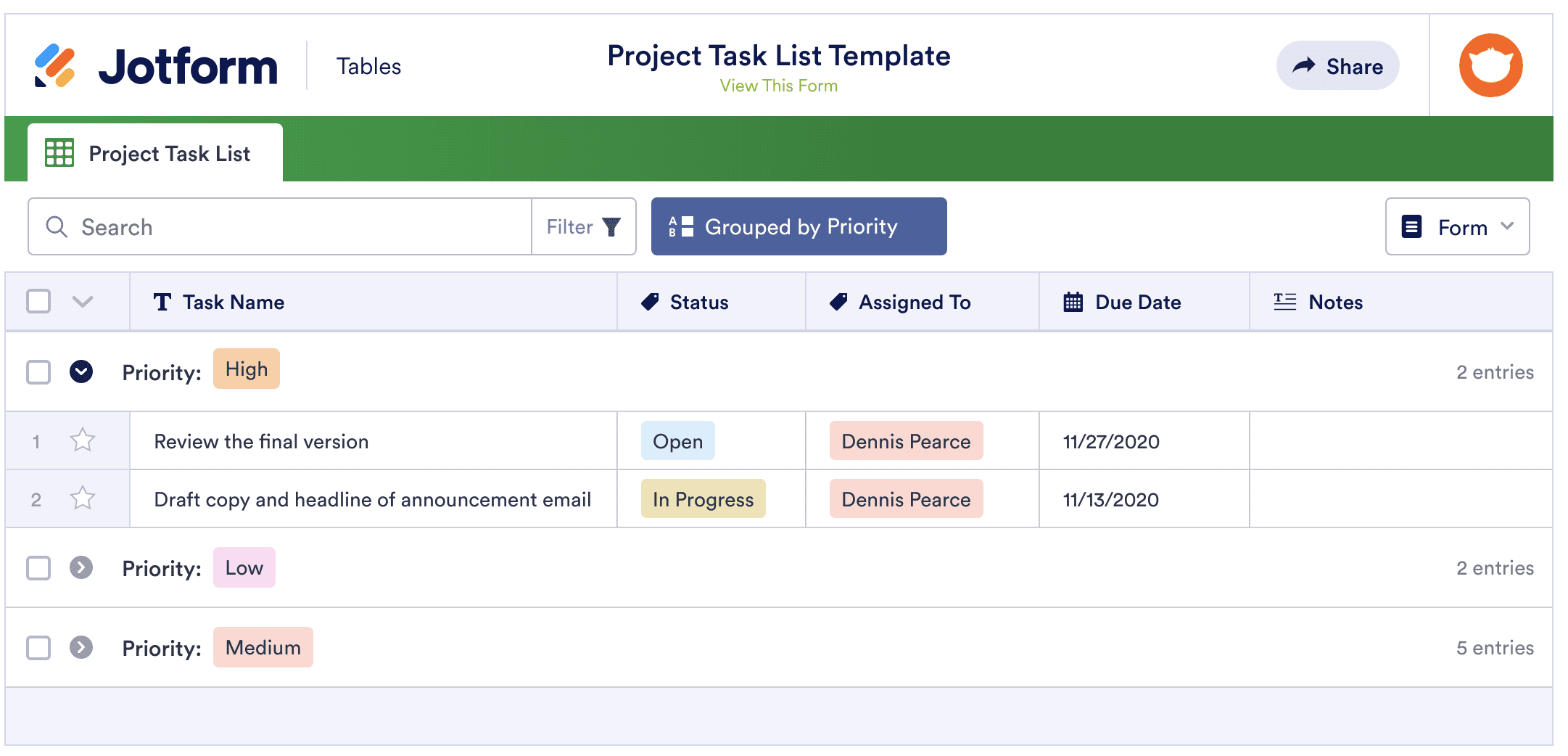 Jotform Tables Project Task List Template