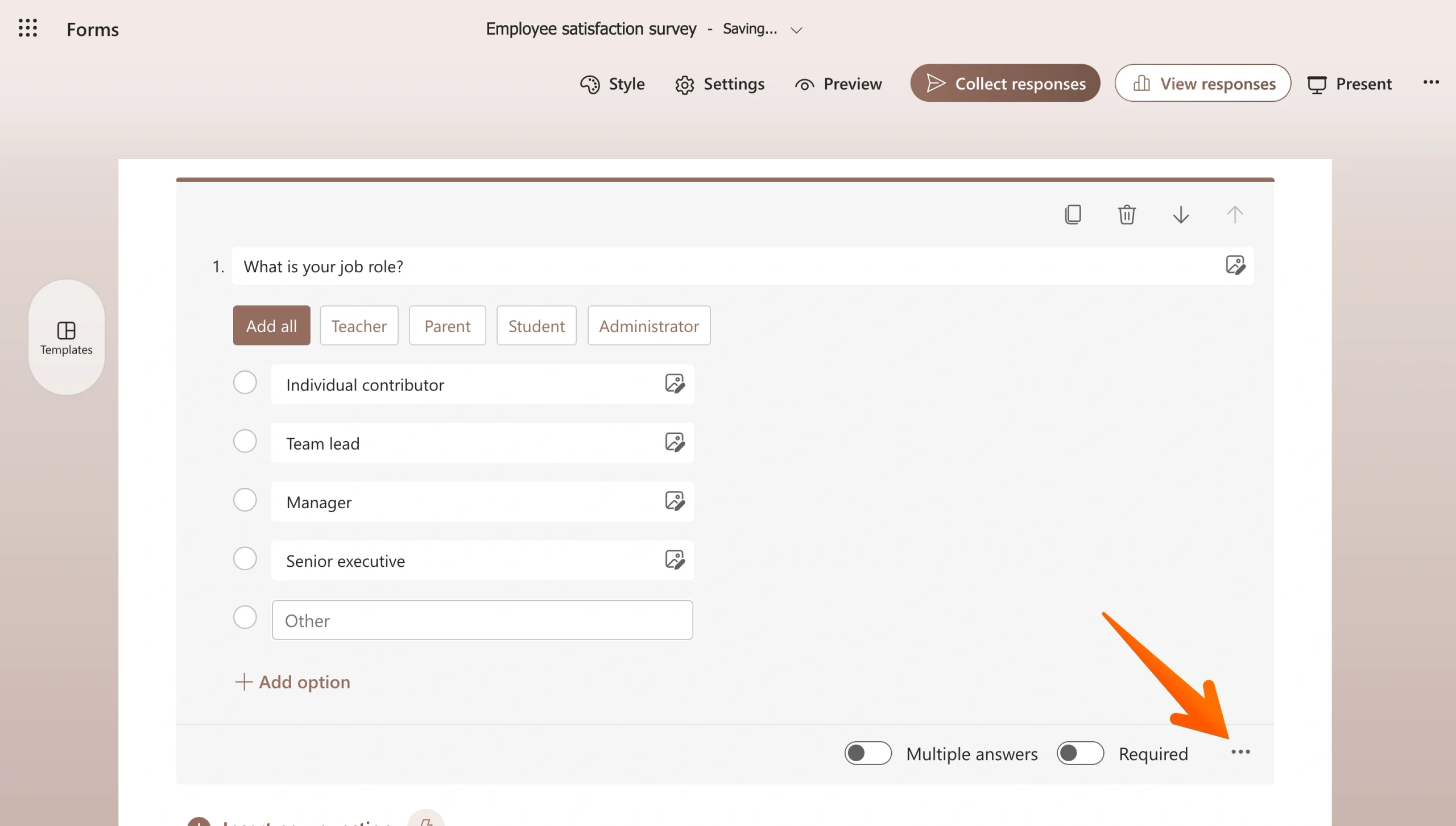 Microsoft Forms question editor with the three-dot menu highlighted for a selected question