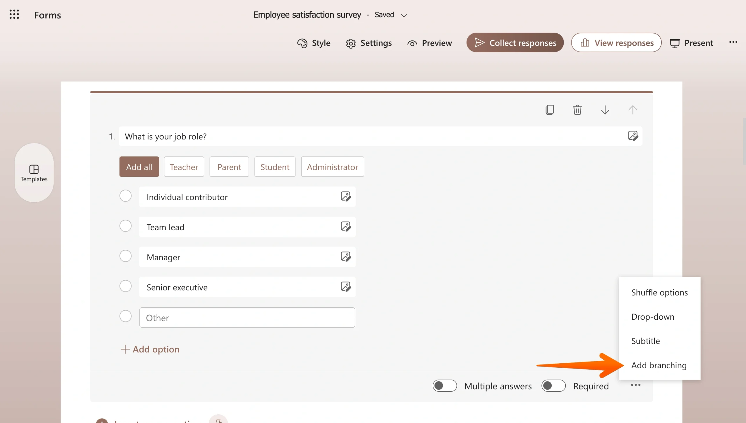 Microsoft Forms question options menu with the “Add branching” option highlighted