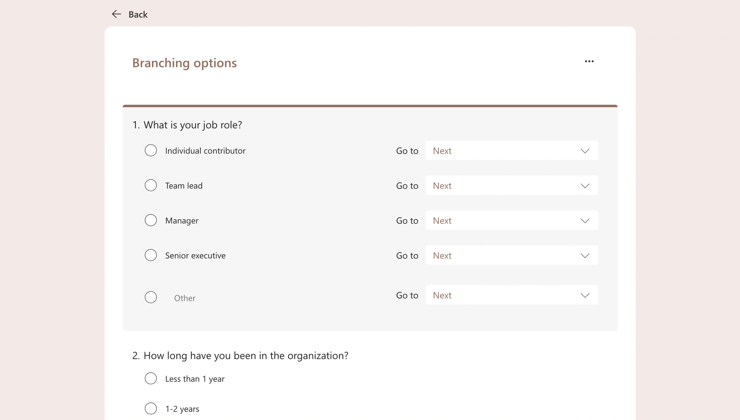 Microsoft Forms branching options screen showing “Go to” dropdowns for each answer choice