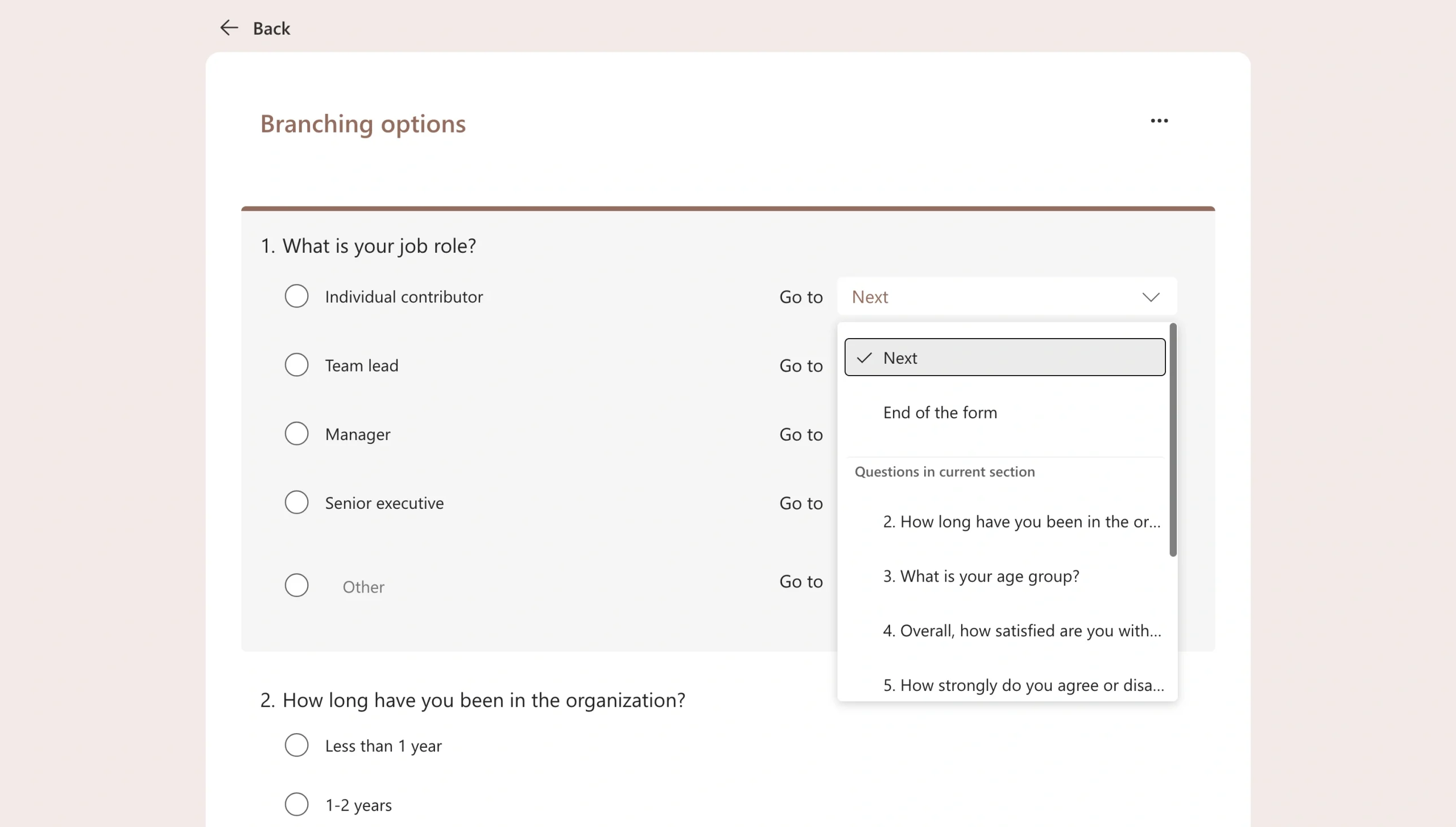 Microsoft Forms branching dropdown showing navigation options for an answer choice