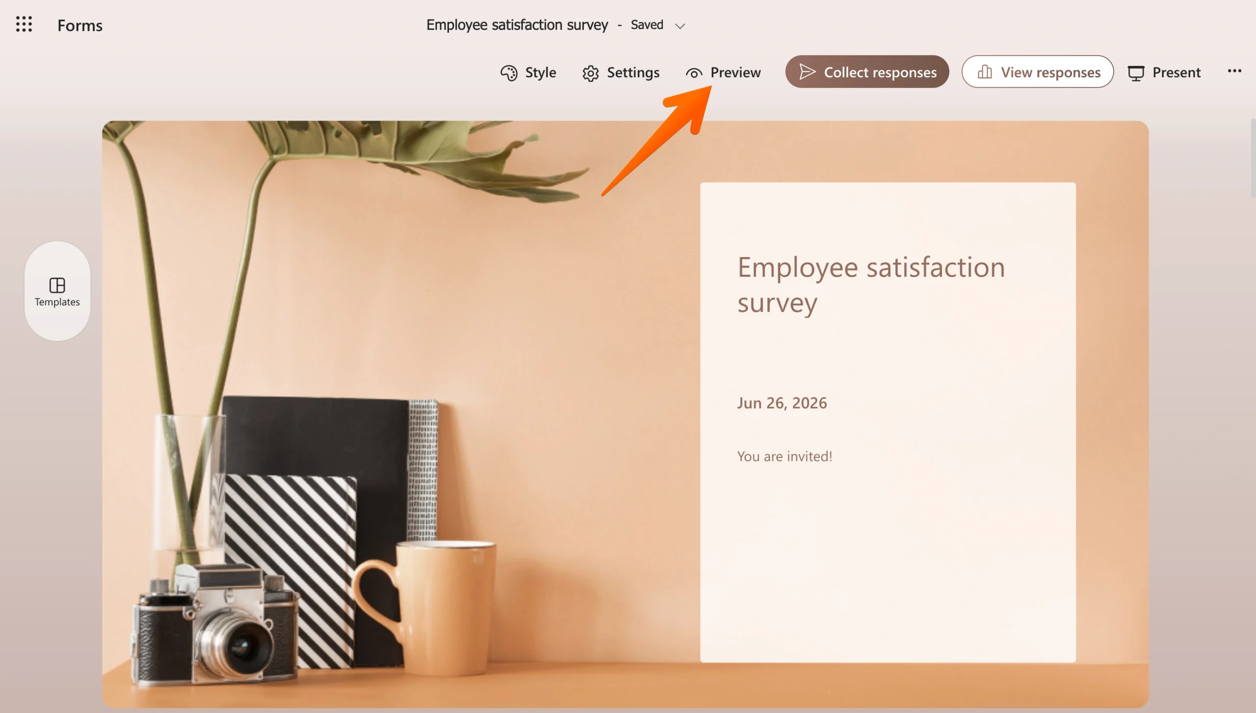 Microsoft Forms preview button highlighted for testing branching logic before sharing the form