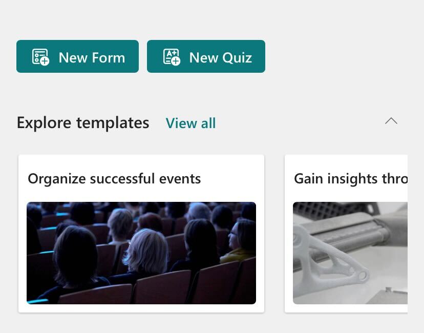 Screenshot of Microsoft Forms mobile homepage with new form creation button
