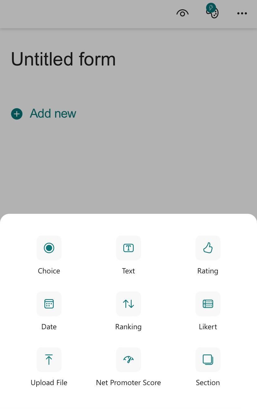 Screenshot of Microsoft Forms questions menu within mobile blank form
