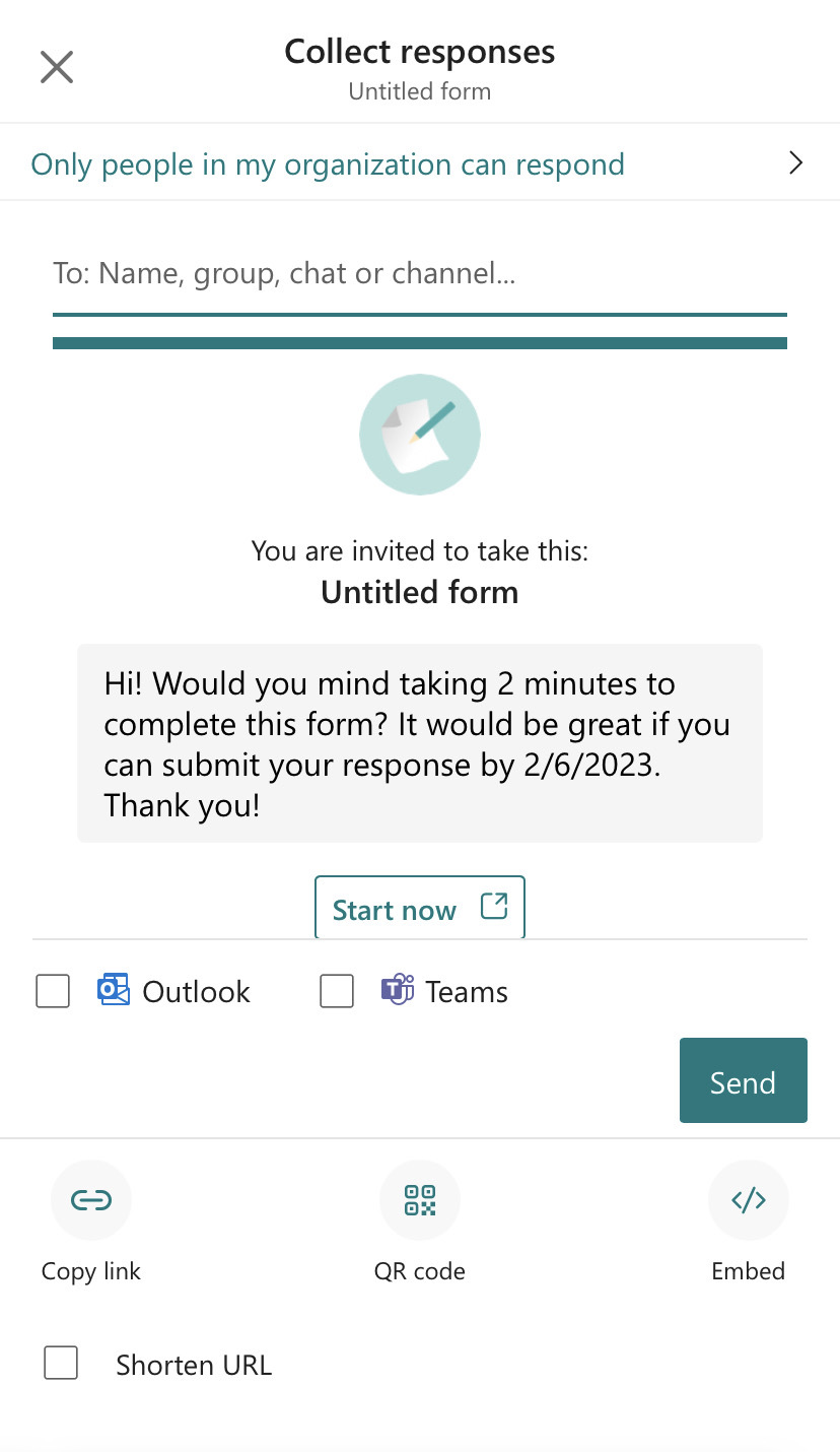 Screenshot of Microsoft forms mobile send page including various options to send a form (e