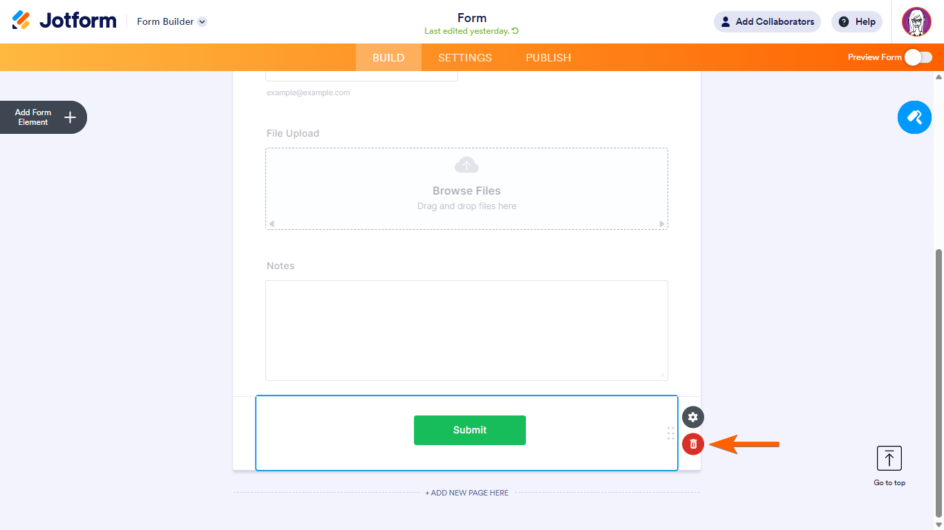 The Submit button's delete icon in Jotform Form Builder