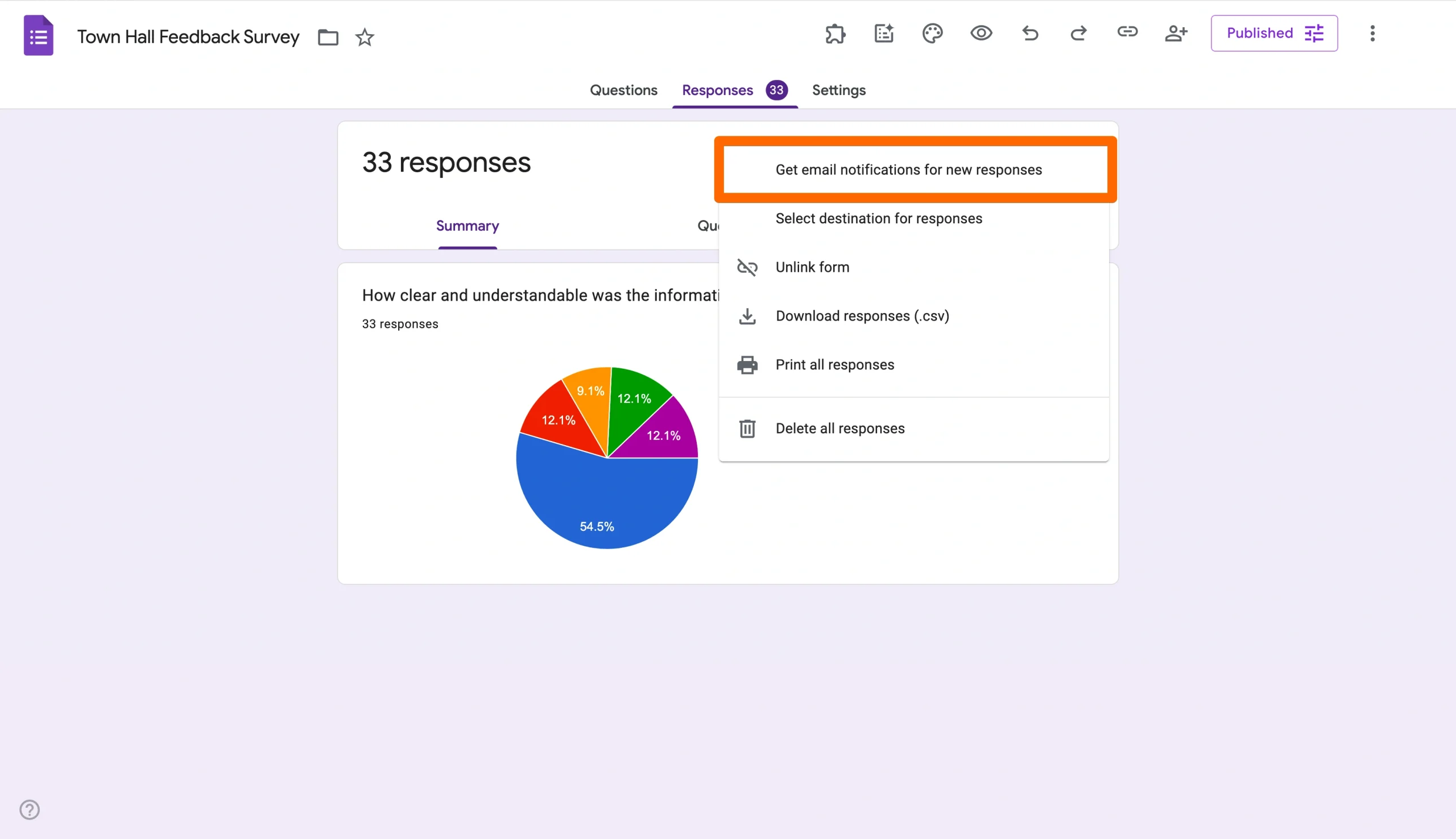 Google Forms menu with “Get email notifications for new responses” highlighted