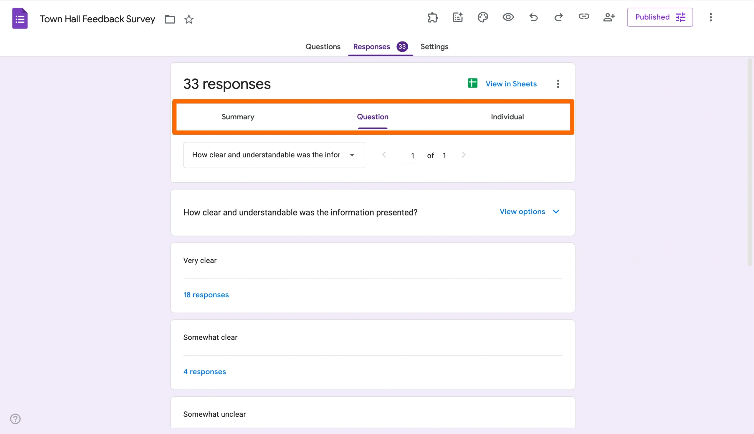 Google Forms Responses tab with the Summary, Question, and Individual views highlighted