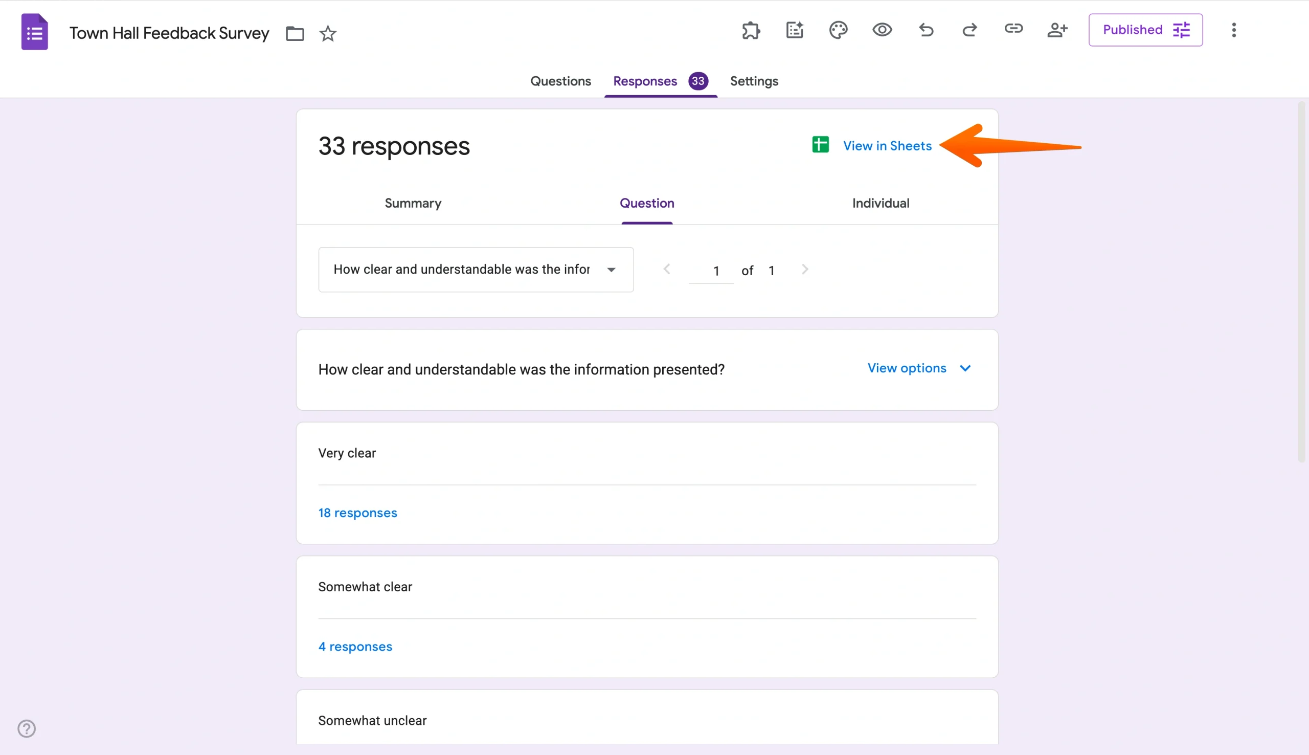 Google Forms Responses tab with “View in Sheets” highlighted