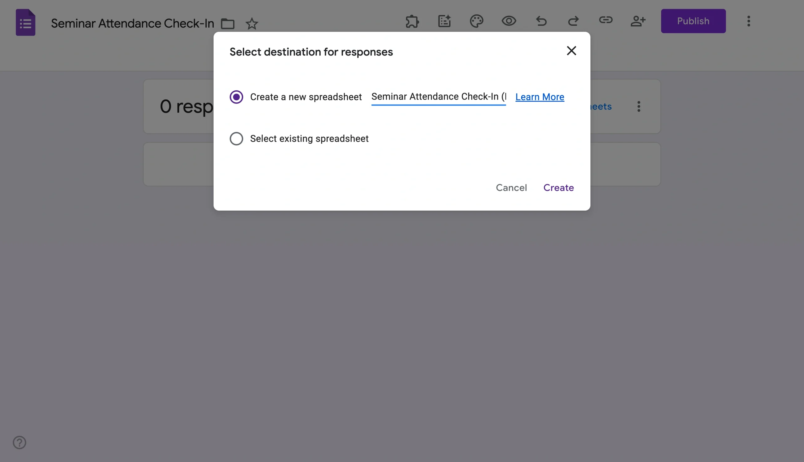 Google Forms dialog for choosing a new or existing spreadsheet