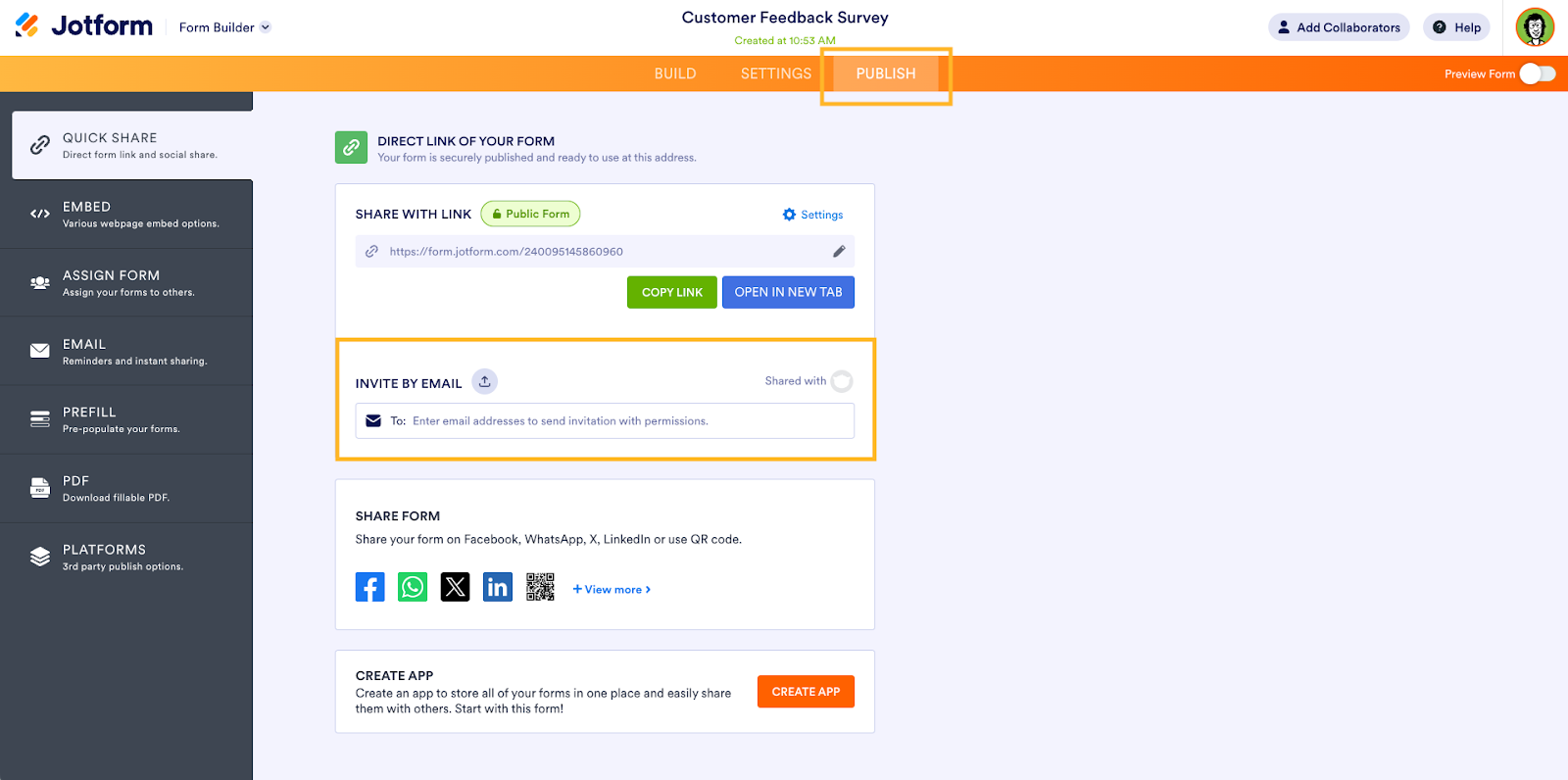 Screenshot of the Jotform Publish page with the Invite by Email section highlighted