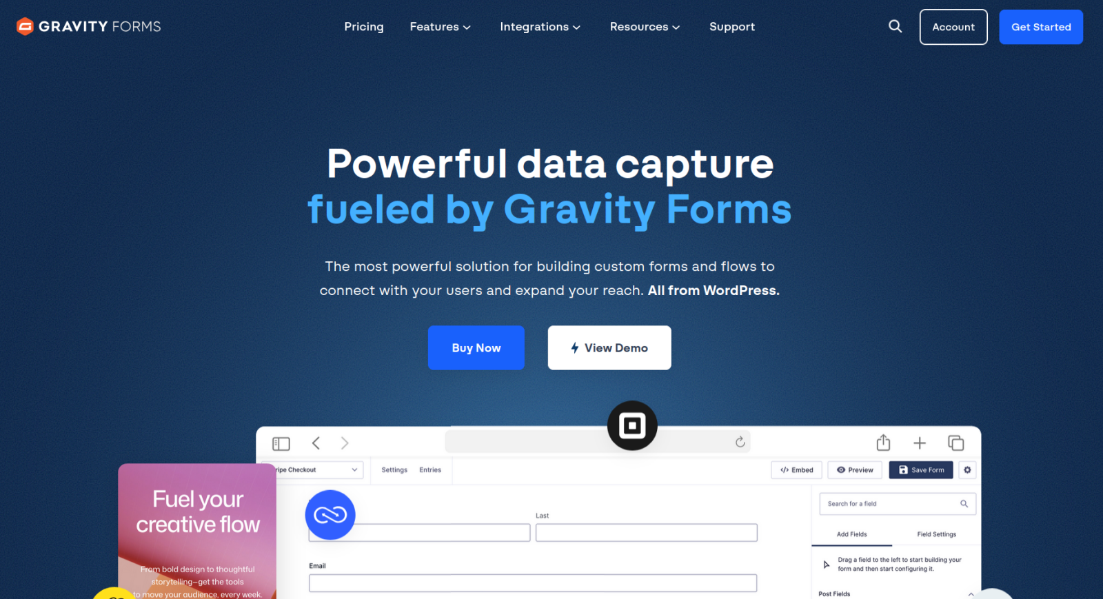 Screenshot of the Gravity Forms landing page, showing a headline "Powerful data capture fueled by Gravity Forms"