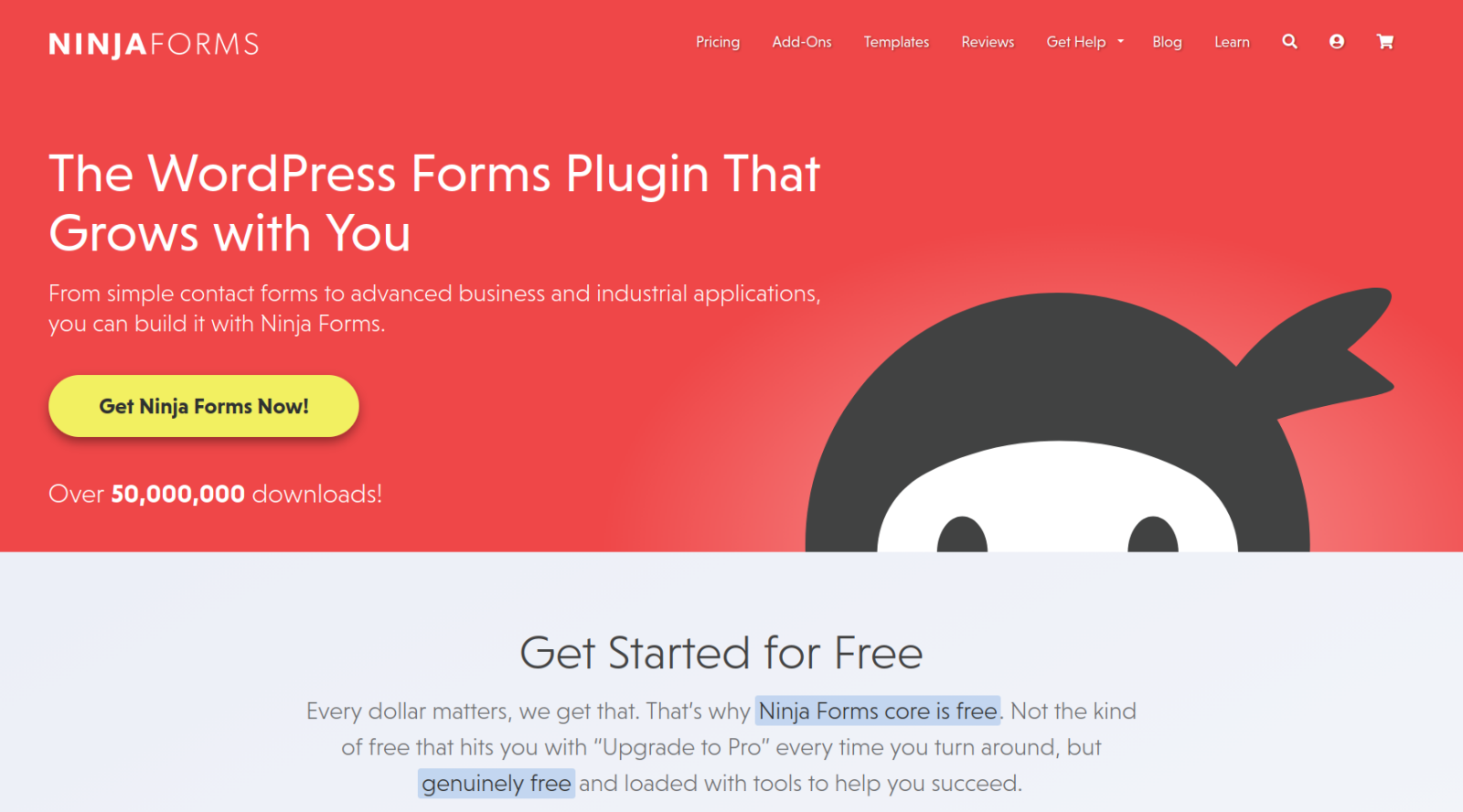 Screenshot of the Ninja Forms landing page, showing a headline "The WordPress Forms Plugin That Grows with You"