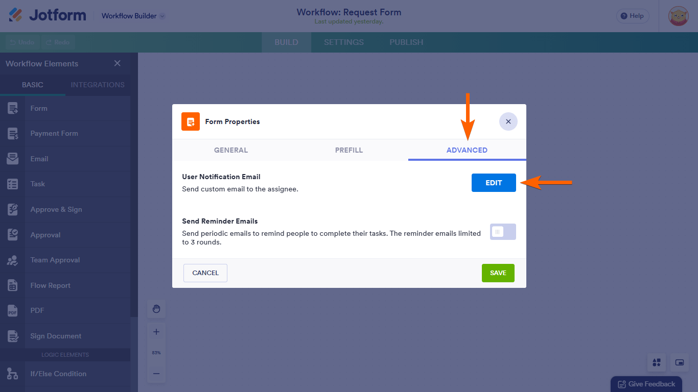 An Edit Notification Email button in Jotform Workflows Form Properties