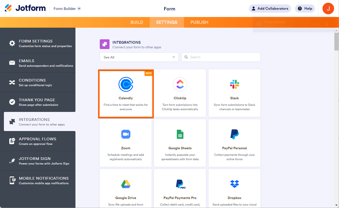Screenshot depicting an alternative way to add Calendly to Jotform by clicking on 'Settings' in the top middle of the screen, then selecting the 'Integrations' tab from the options on the left side