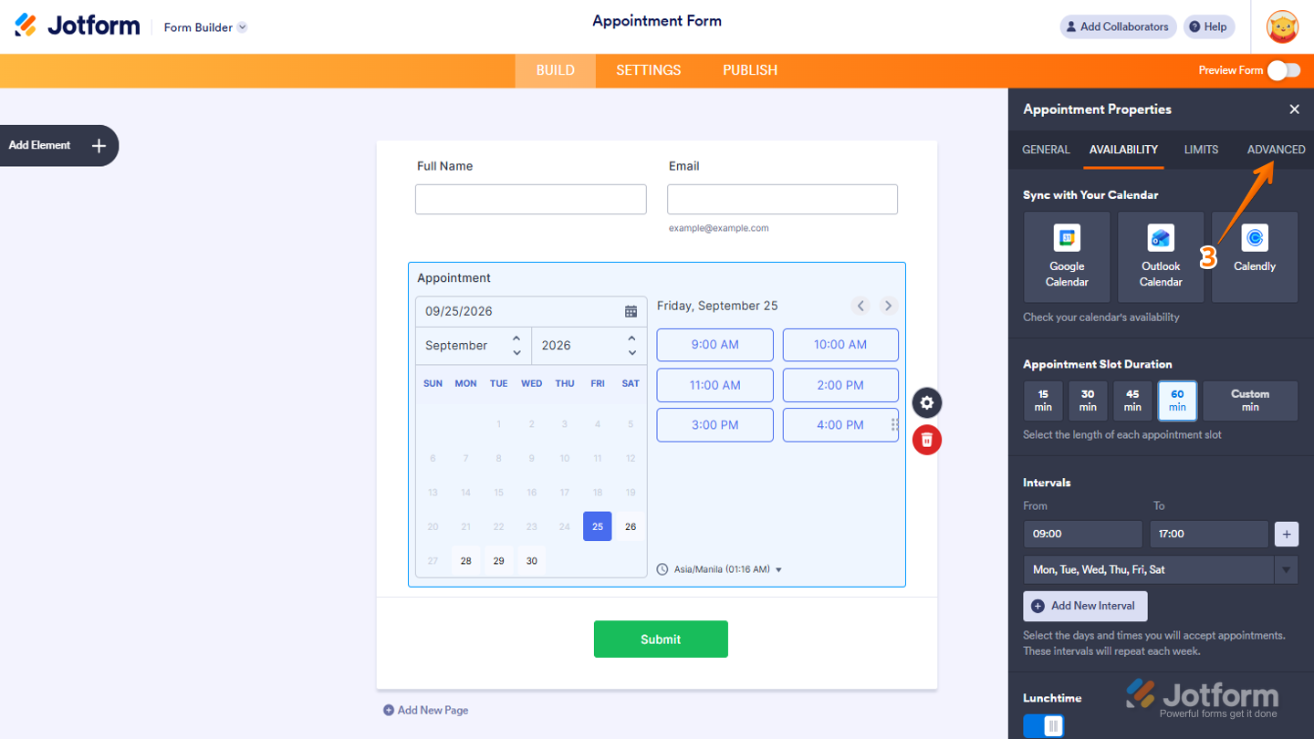Appointment Properties menu on the right side of the Form Builder showing the Advanced tab, ready to be selected