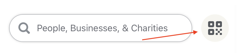 Screenshot of the Venmo home screen highlighting the QR code icon, located next to the search bar at the top right corner