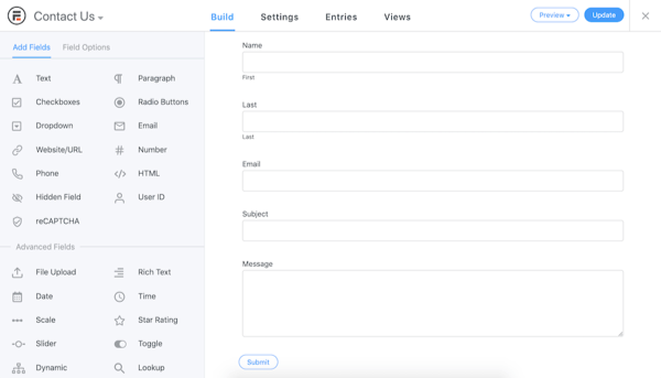 Formidable Forms user interface showing the Build screen and various field options