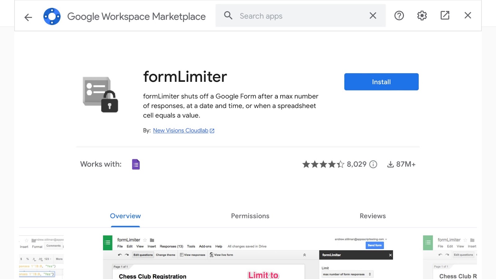 Screenshot of formLimiter add-on in the Google Workspace Marketplace