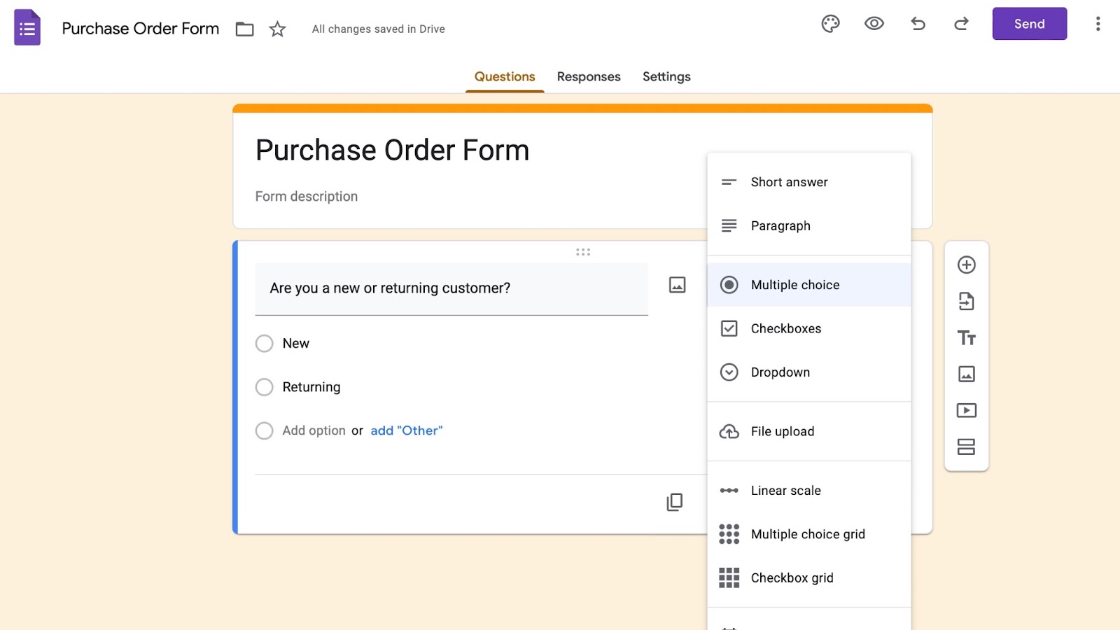 Image of a Google Forms creation screen with a variety of question types displayed