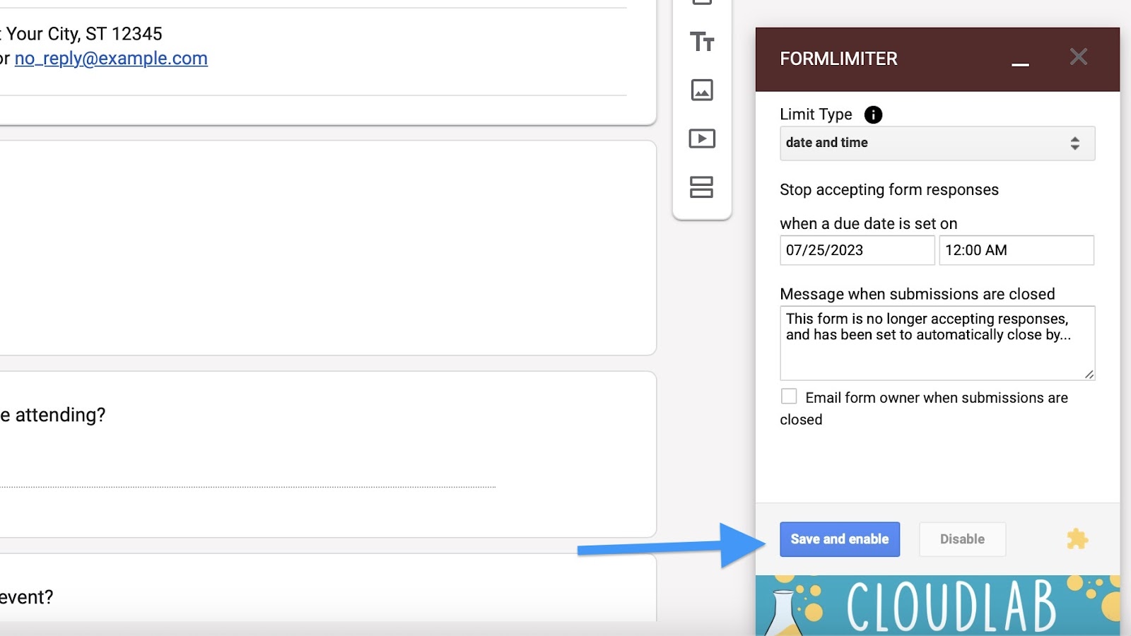 Image of the formLimiter interface highlighting a field for entering a custom message and clicking on "Save and enable"