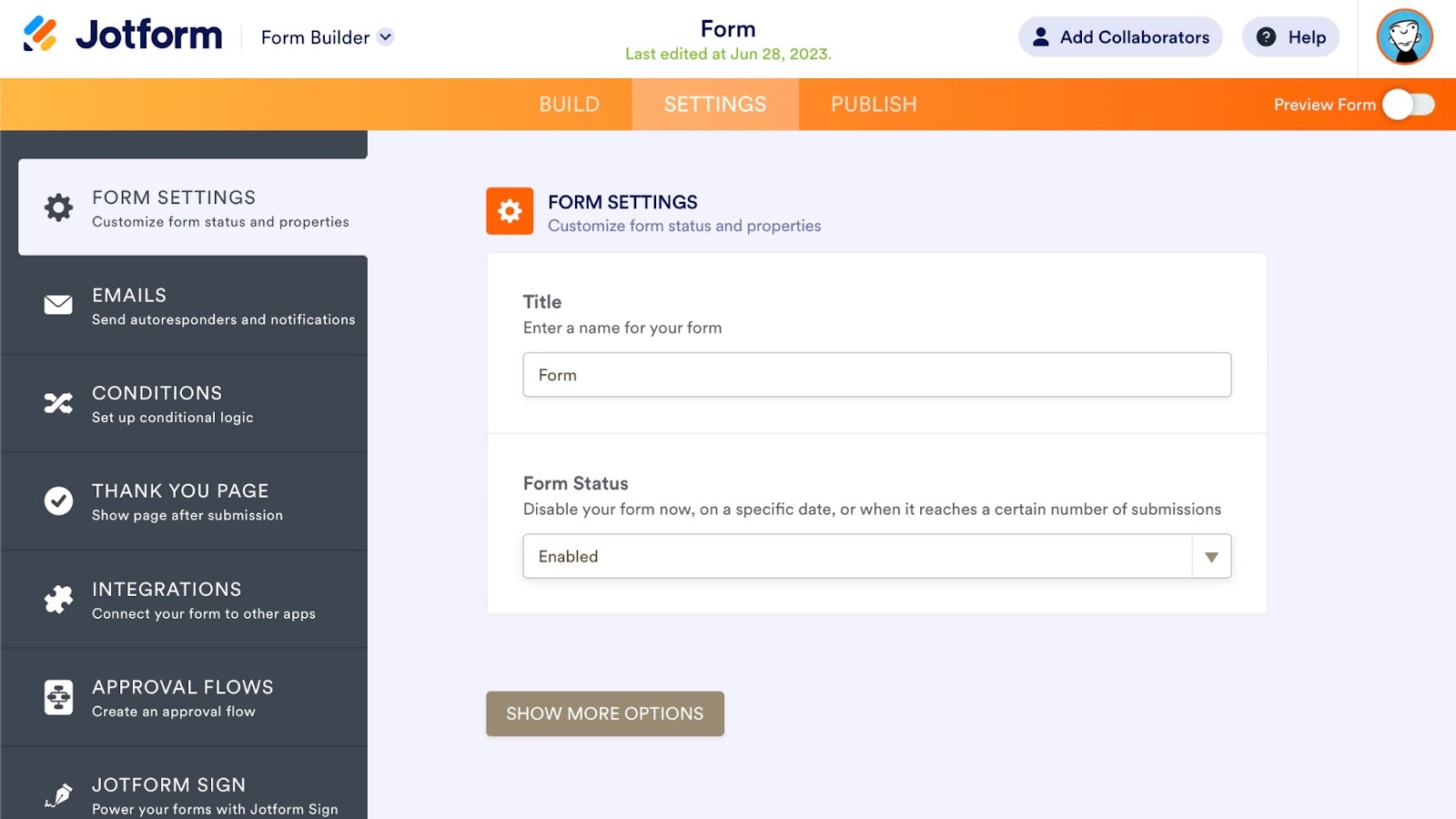 Screenshot of the Jotform Form Buidler interface with Form Settings option highlighted