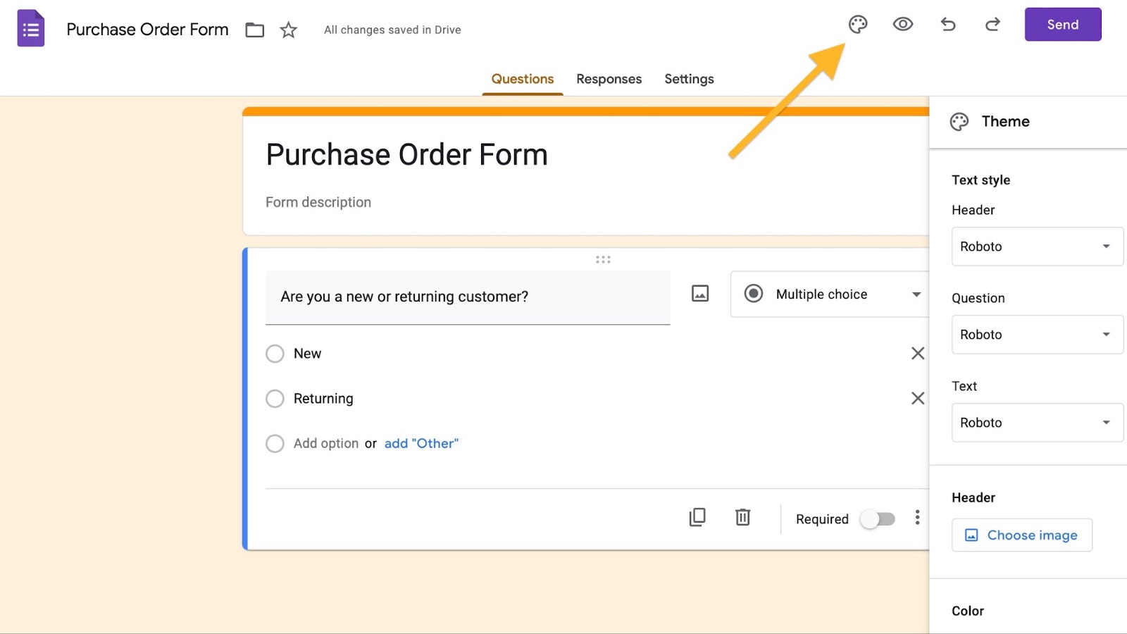 Screenshot of Google Forms interface showing various customization options including adding images, changing colors, and fonts