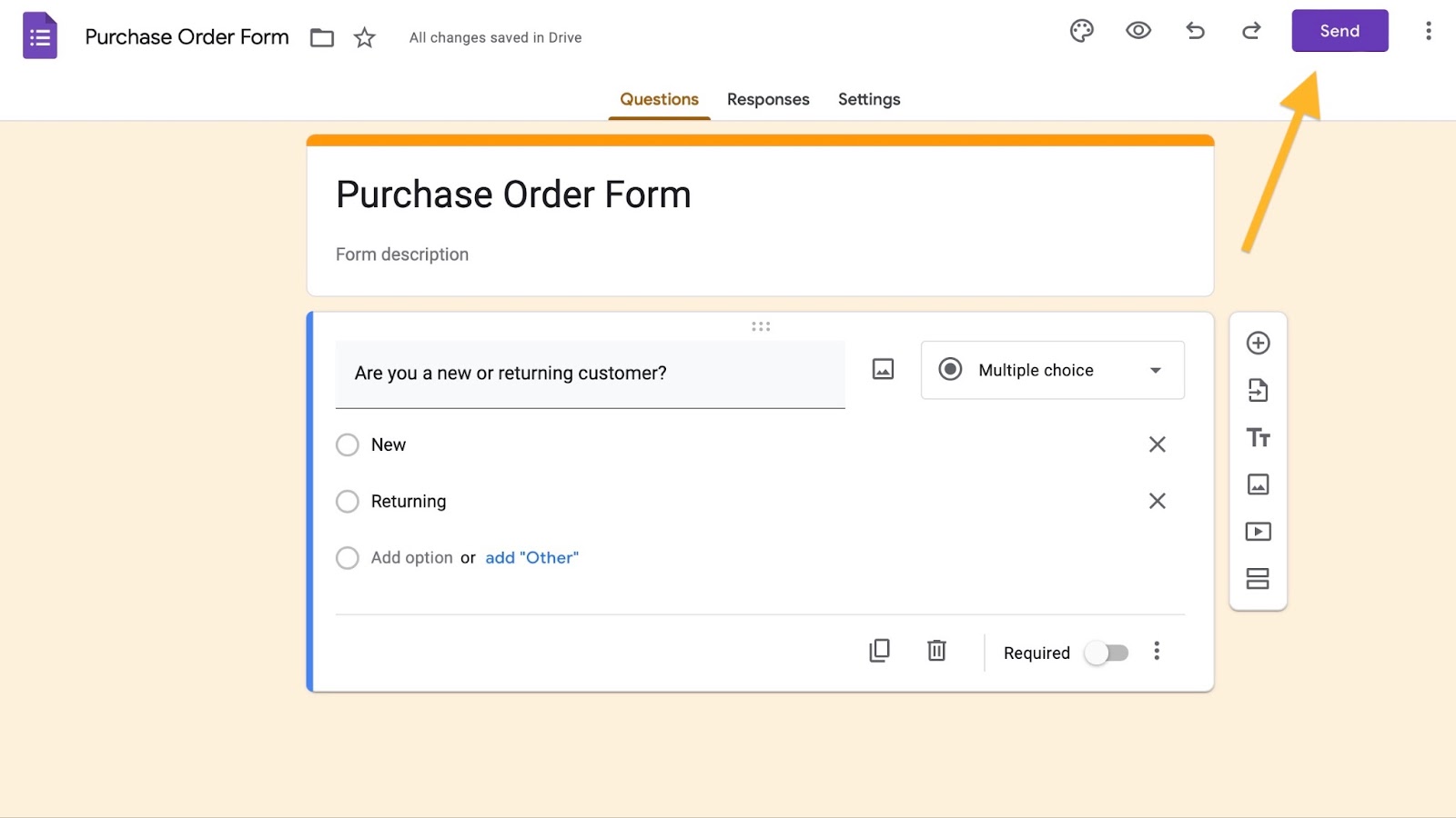 Image depicting a completed Google Form, with text encouraging users to test the form by sending it to colleagues within their company, specifically those involved in purchase order approvals