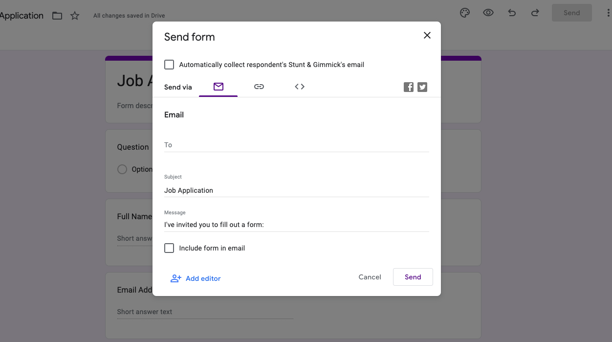Menu Google Drive untuk mendistribusikan lamaran kerja Google Forms
