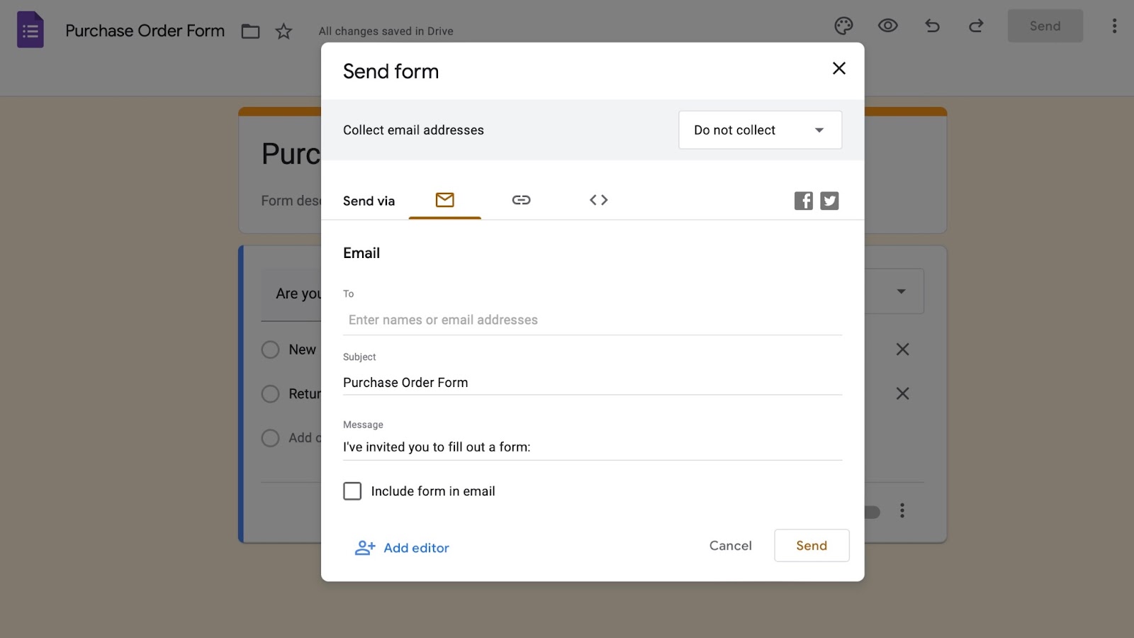 Screenshot showing the 'Send' button in the Google Forms interface