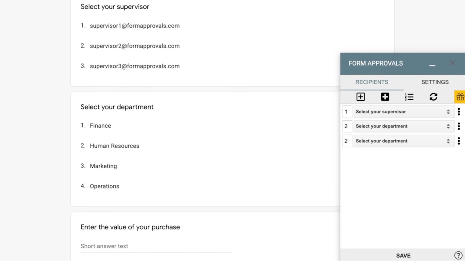 user interface of Form Approvals