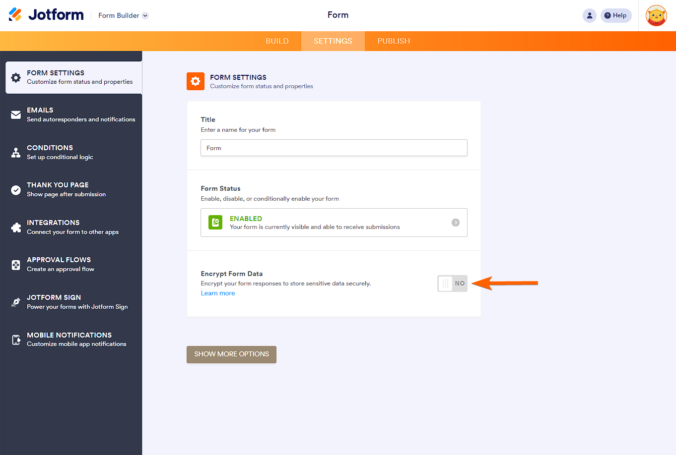 Encrypt Form Data under the Settings tab of the Jotform Form Builder