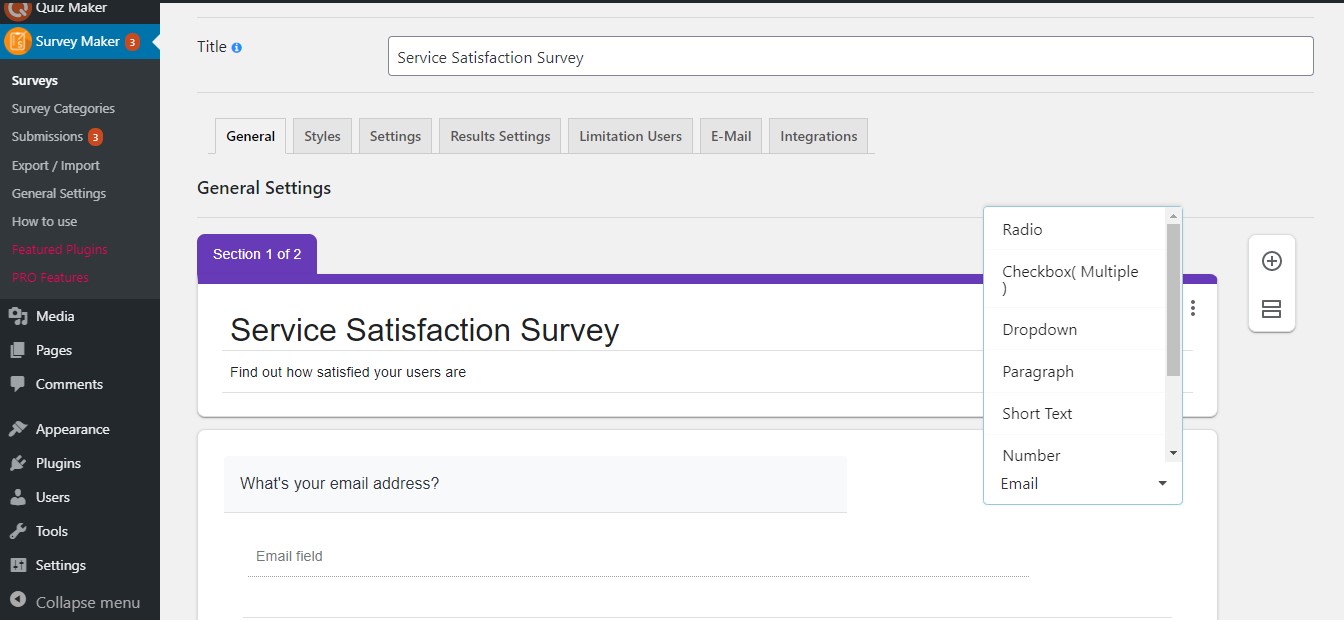 user interface of survey maker