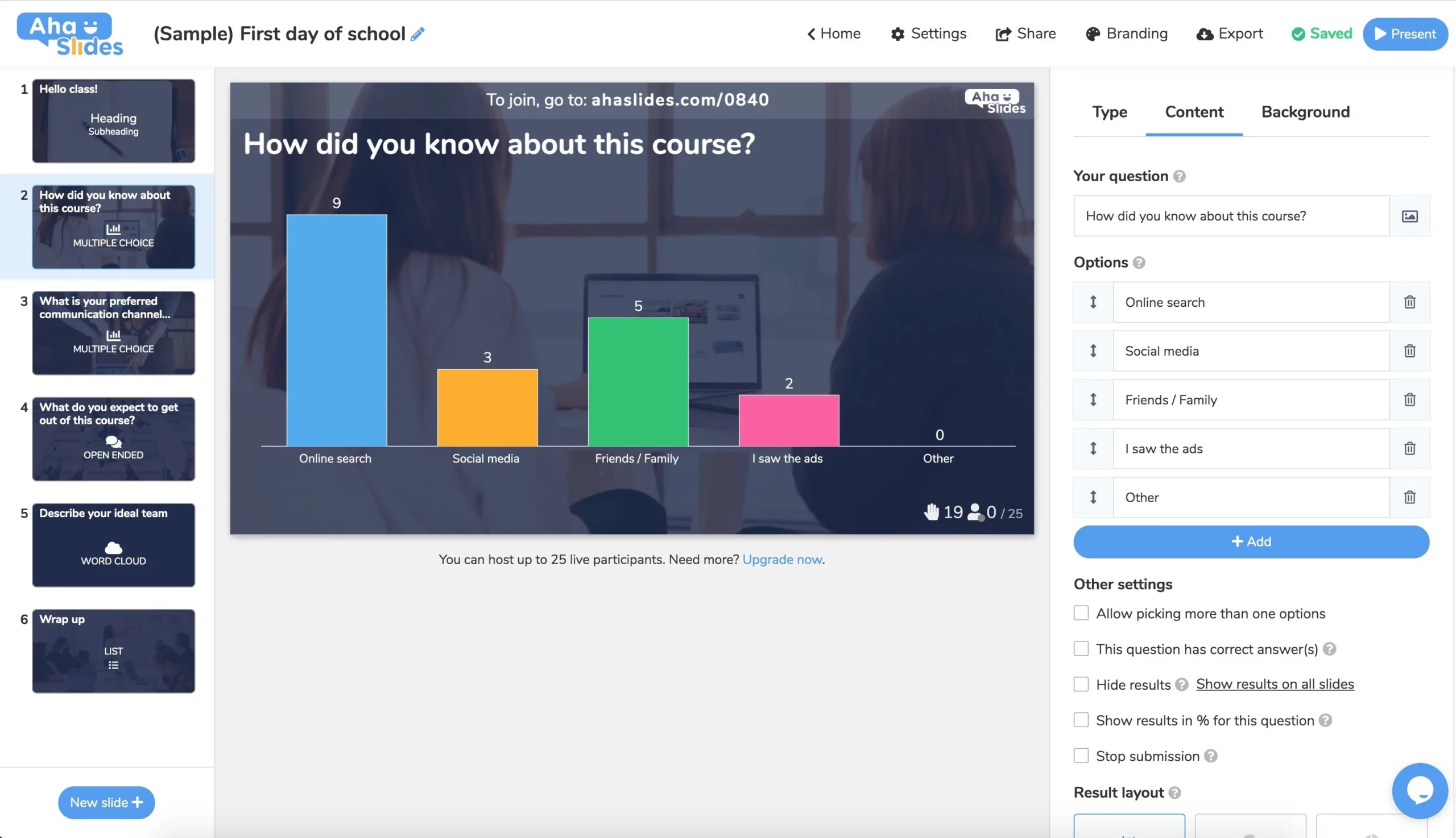 user interface of ahaslides