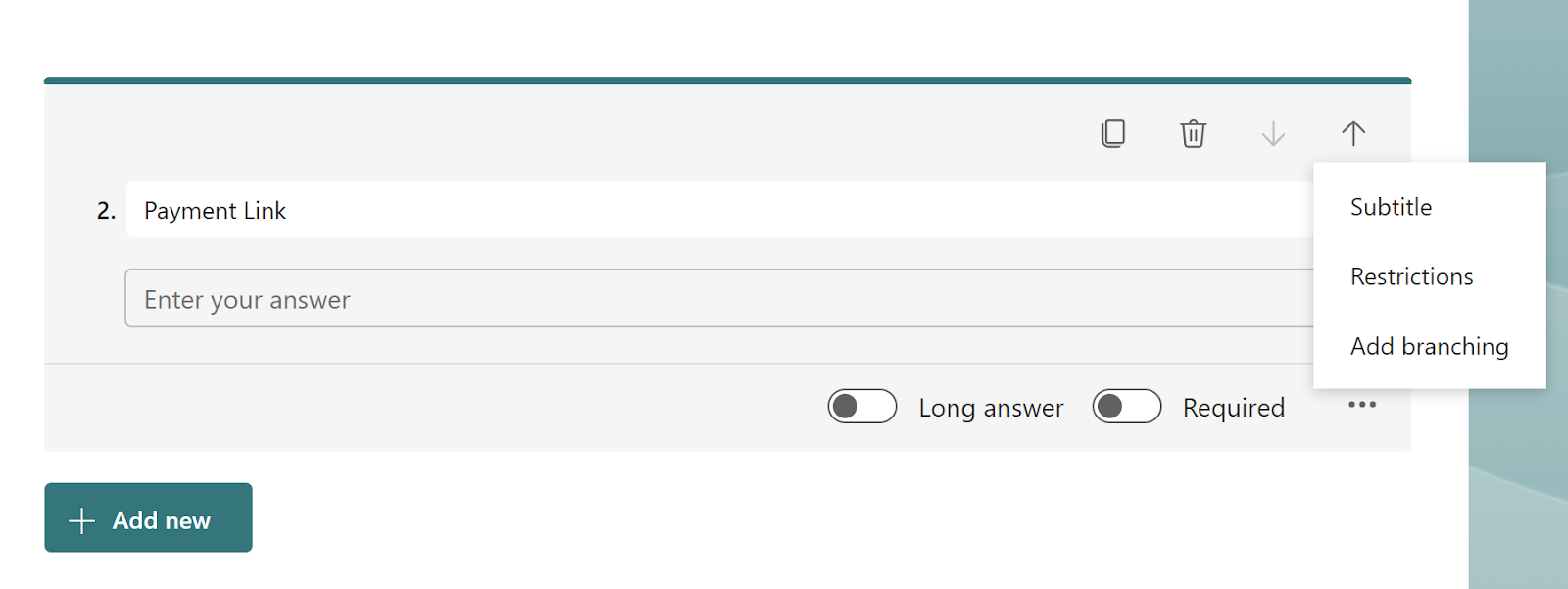 Screenshot of a new Microsoft Forms text question with the title "Payment Link