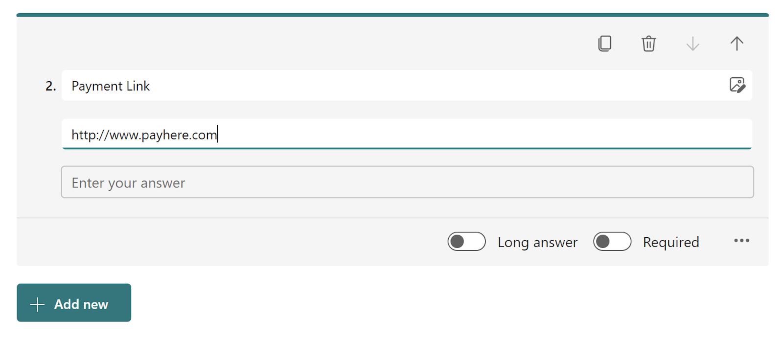 Screenshot of a Microsoft Form text question titled "Payment Link" with the sample subtitle of "http://www