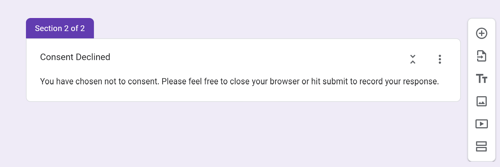 Tangkapan layar bagian Google Forms dengan judul “Persetujuan Ditolak” dan deskripsi “Anda telah memilih untuk tidak memberikan persetujuan