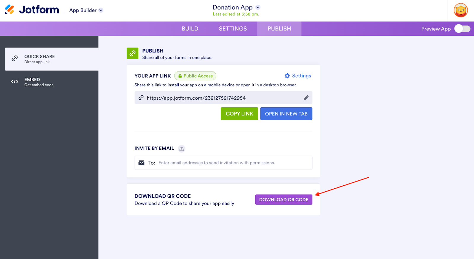 Screenshot of Jotform App Builder interface with the 'Publish' tab highlighted