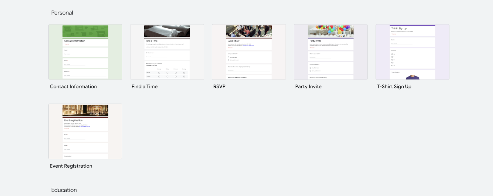 Screenshot of the Google Forms template gallery, with several template options including the Event Registration template