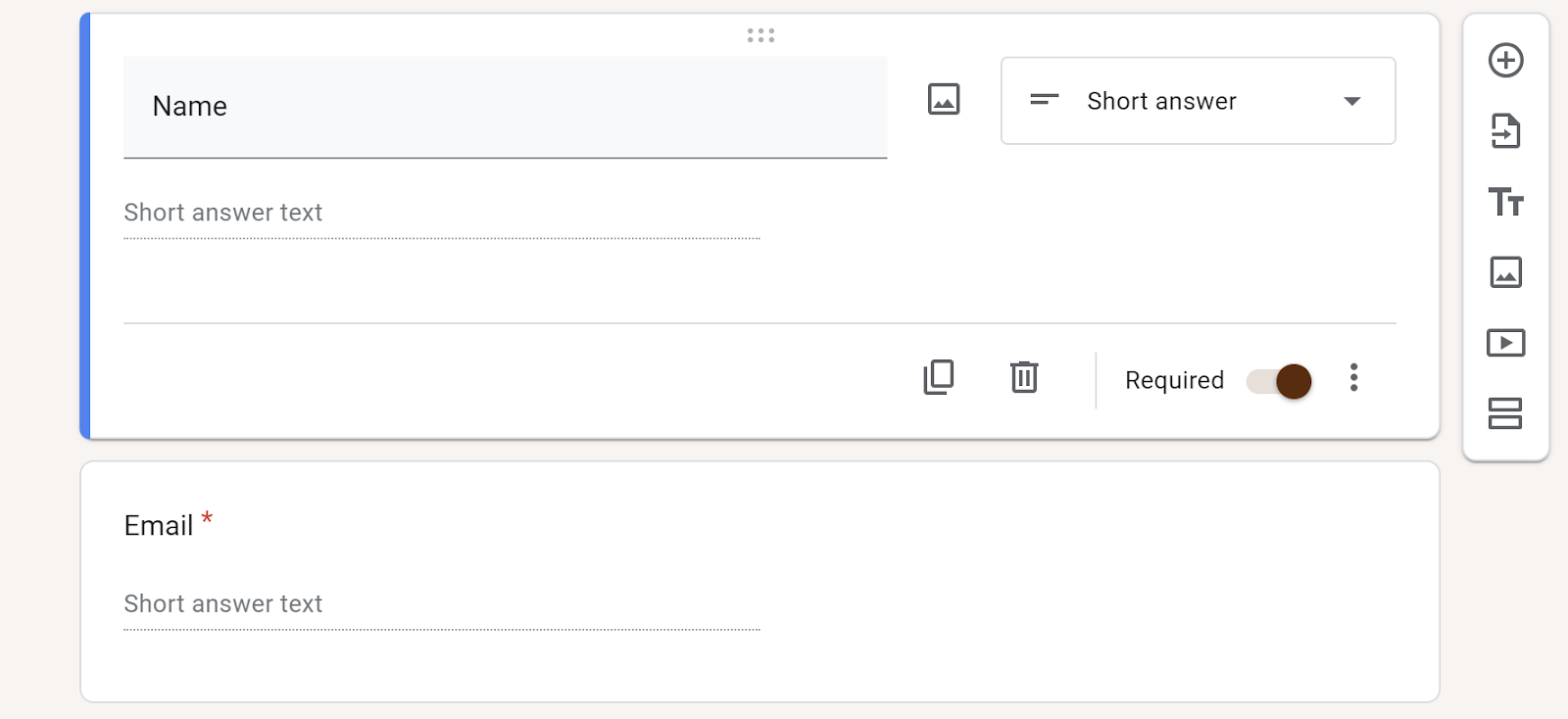 Screenshot of sample questions on a Google Form with the "Required" toggle switch in the “on” position