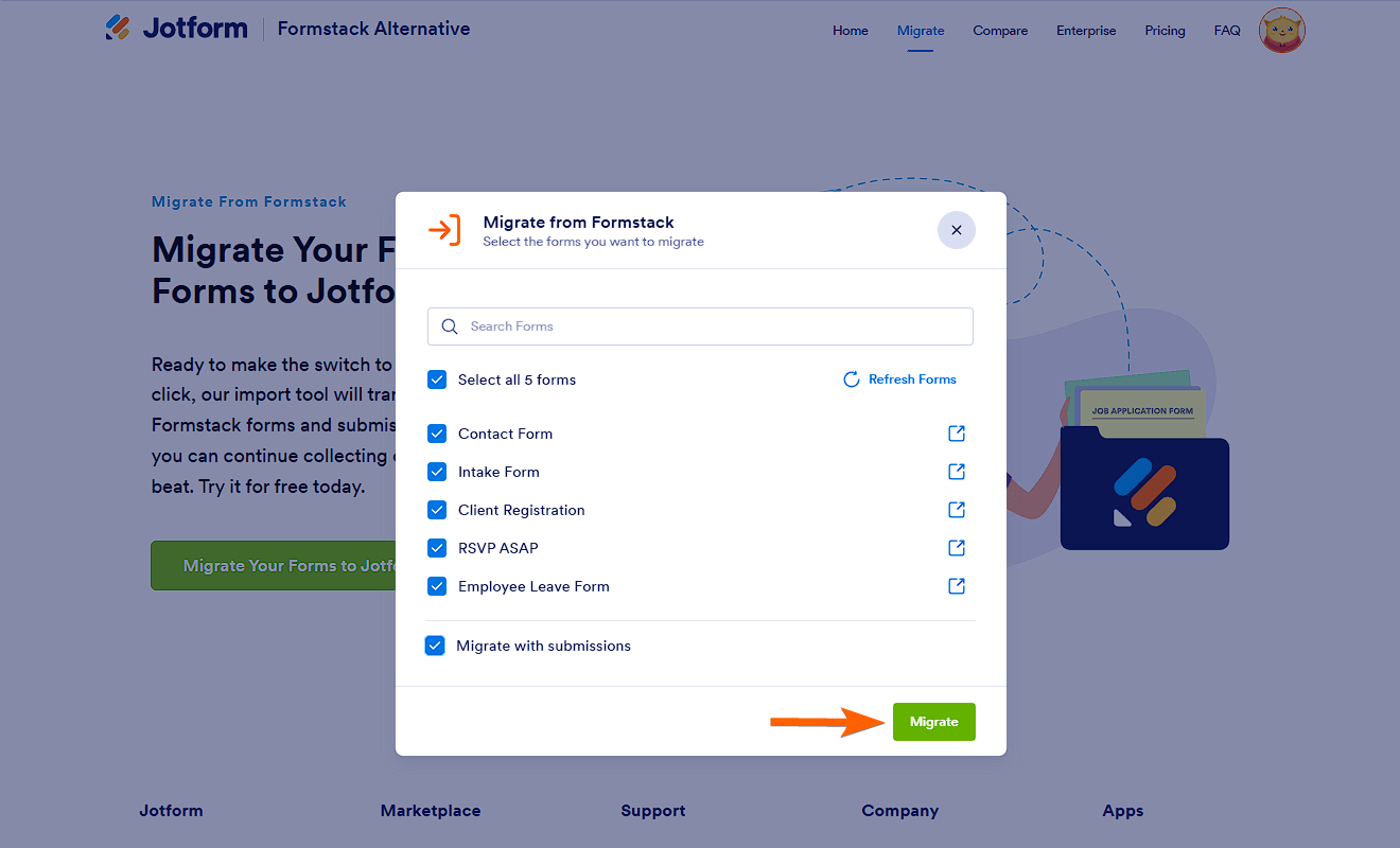 Select forms and migrate button in the Formstack migration tool