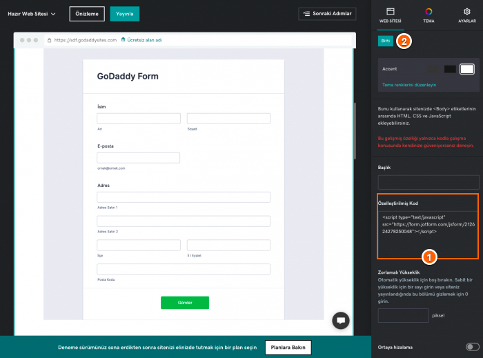 GoDaddy'ye Form Ekleme Image-4