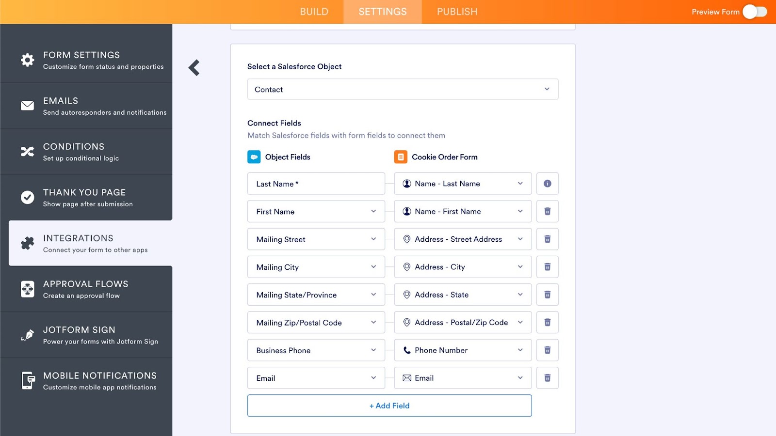 Image showcasing the process of mapping form questions to Salesforce data fields