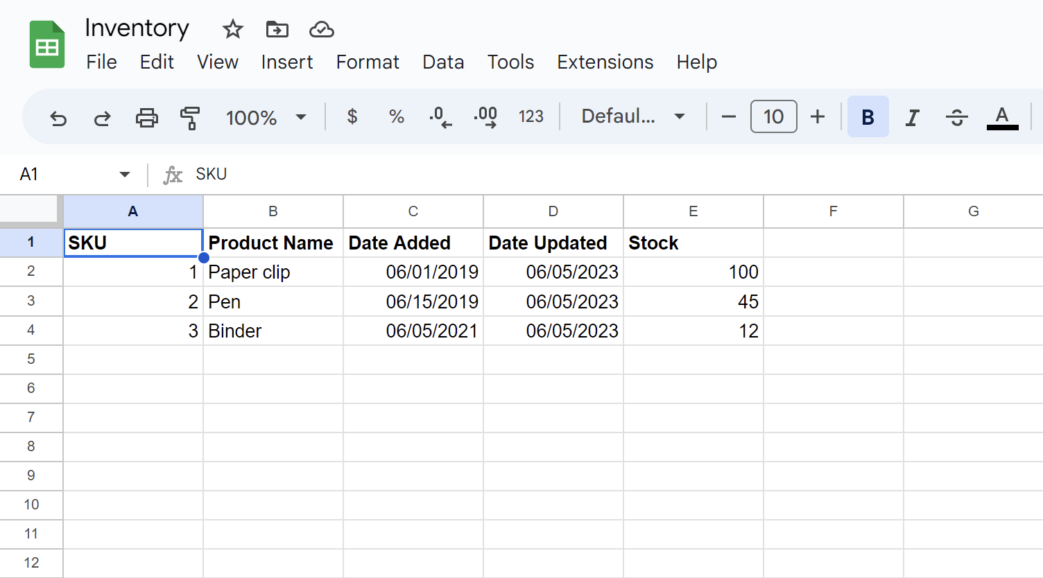 Screenshot of Google sheet with inventory information