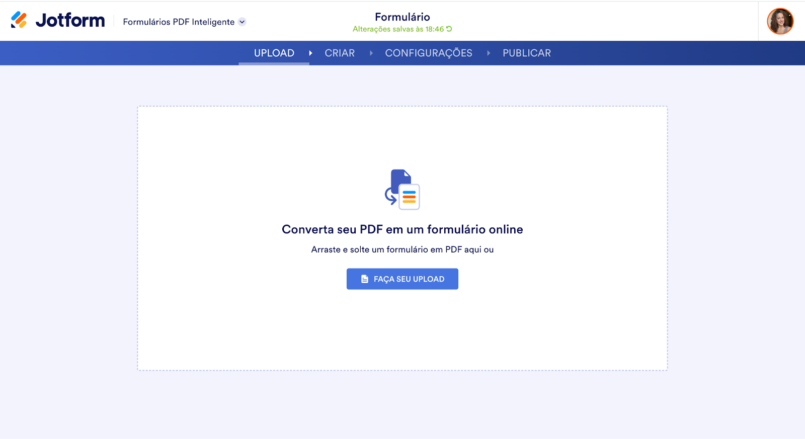 Página de upload da ferramenta Formulários PDF Inteligentes Jotform