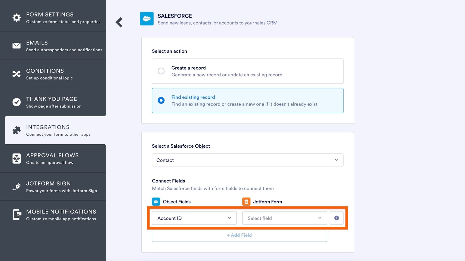 Image highlighting setting multiple actions, creating multiple records per form submission, and using 'Account ID' to link a Contact to an Account via 'Find existing record' action