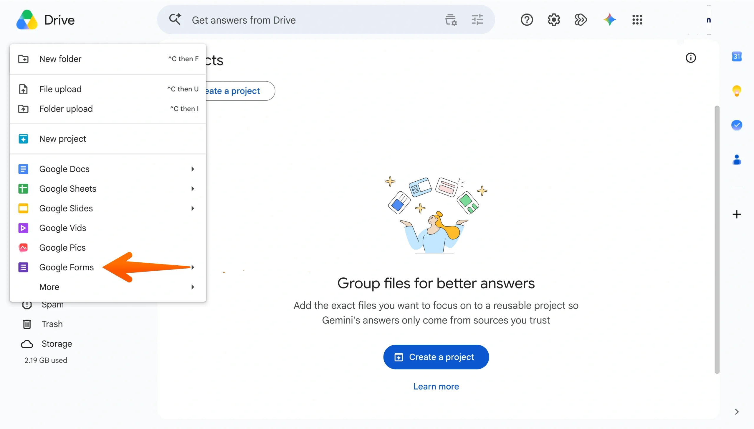 Google Drive’s New menu with Google Forms highlighted by an orange arrow