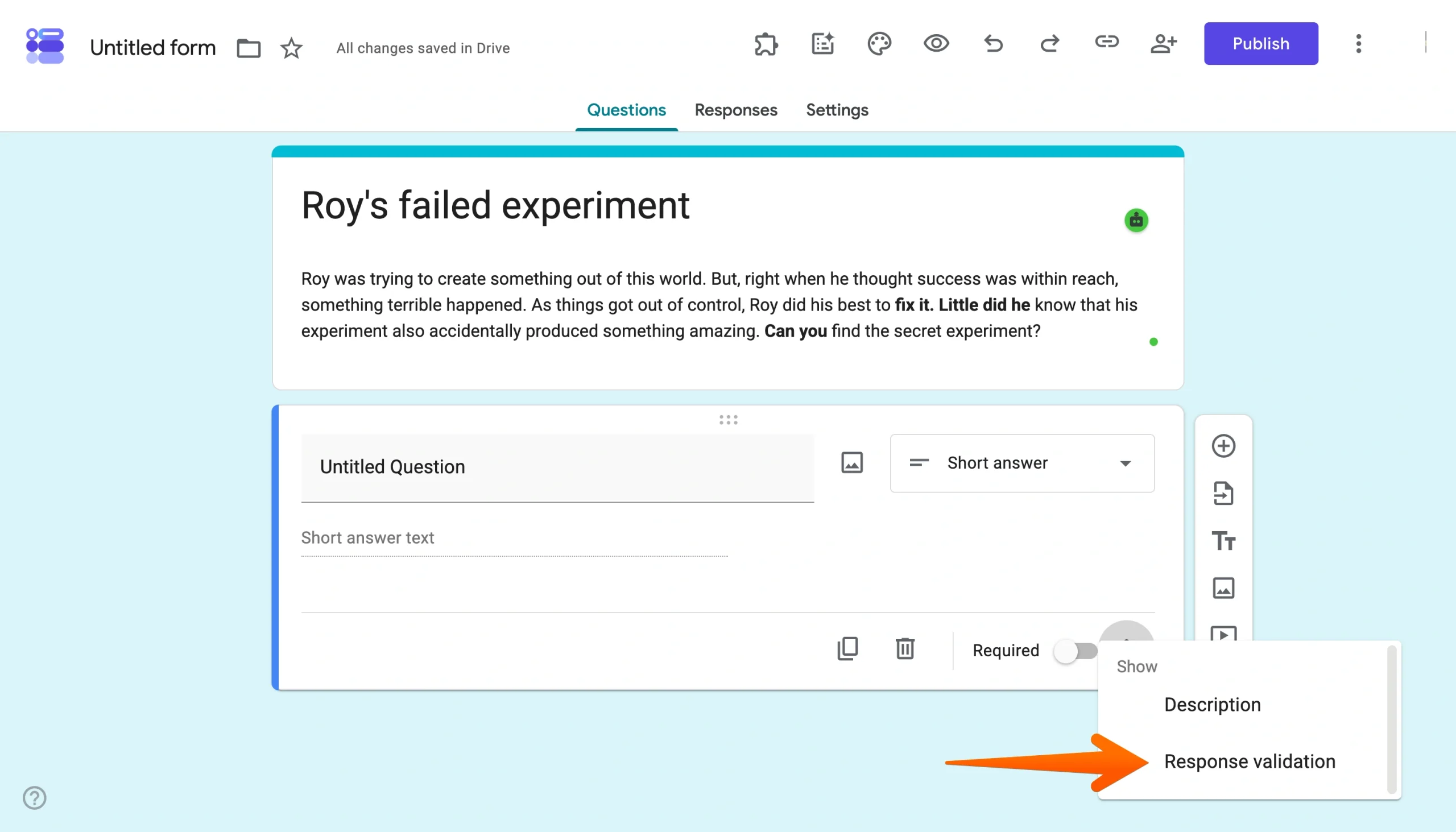 Google Forms question menu with “Response validation” highlighted by an orange arrow