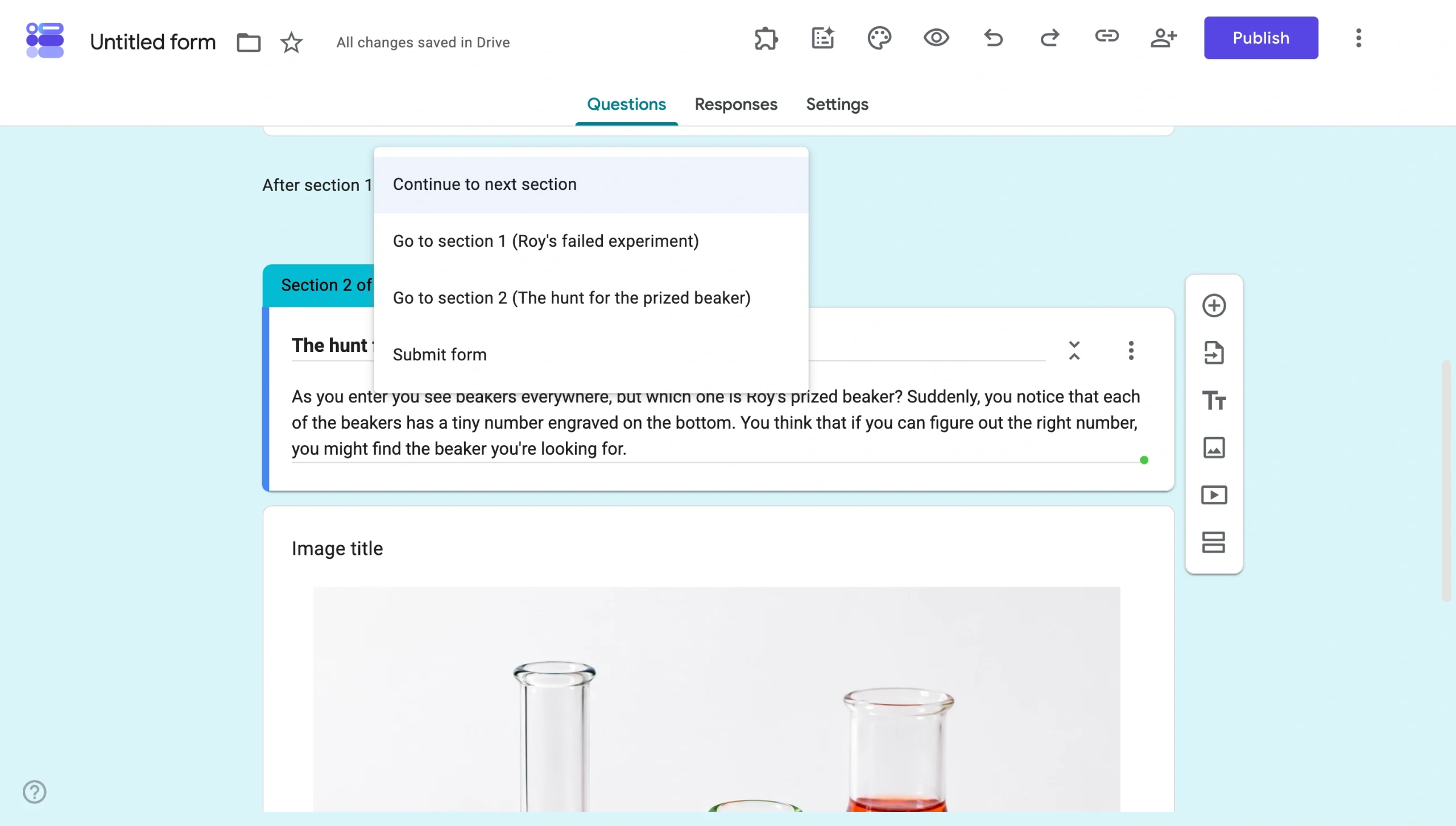 Google Forms section navigation menu showing options for moving respondents to another section