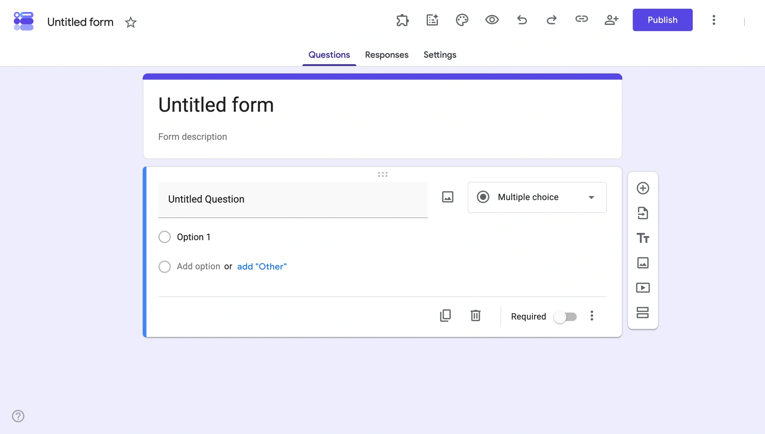 Blank Google Form editor with fields for a form title, description, and first question